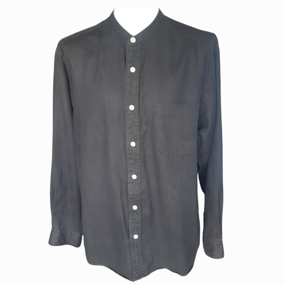 Eddie Bauer SZ M 100% Linen Mandarin Collar Men's Button Up Black Shirt